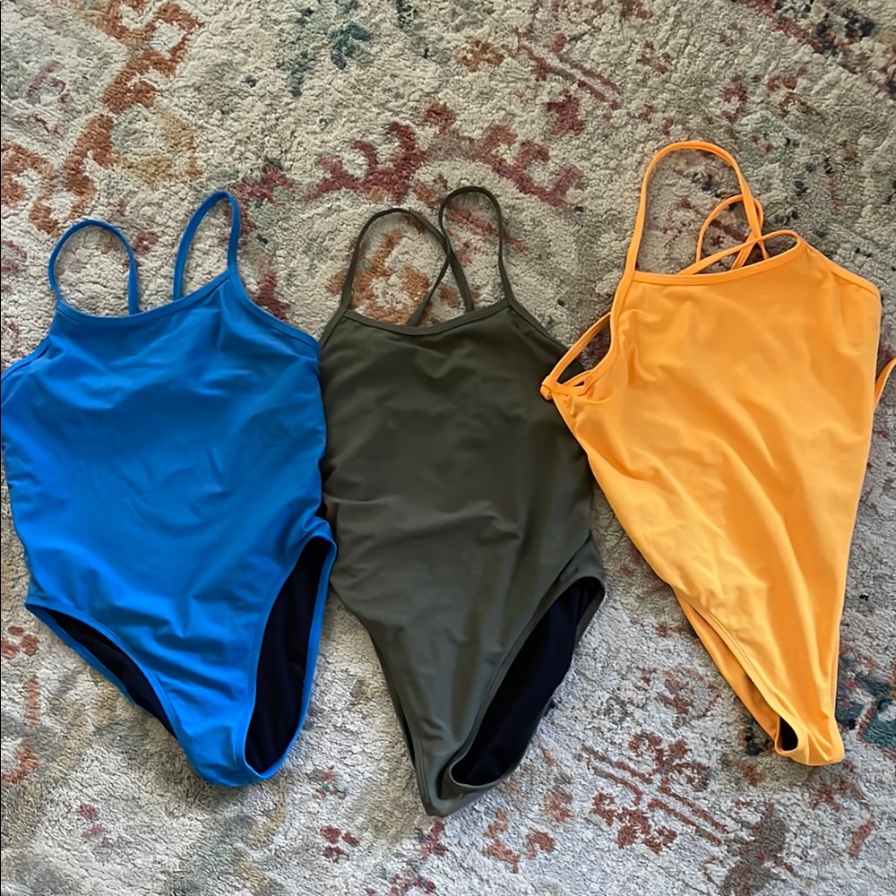 Set of Three Jolyn Swimsuits in Blue, Olive, and Mango